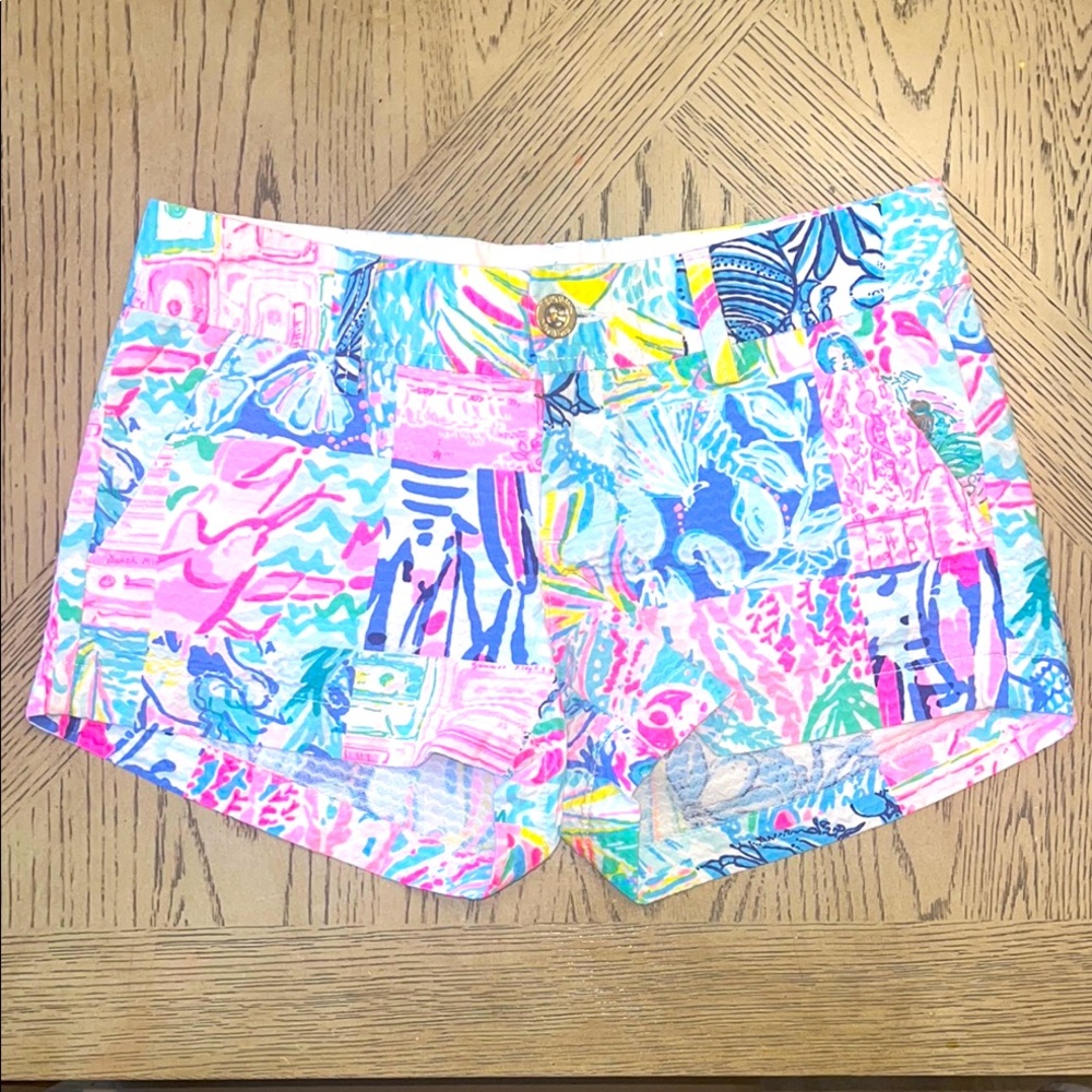 Lilly Pulitzer Shorts Patchwork Print Pink Blue Women's Size 0 Cotton